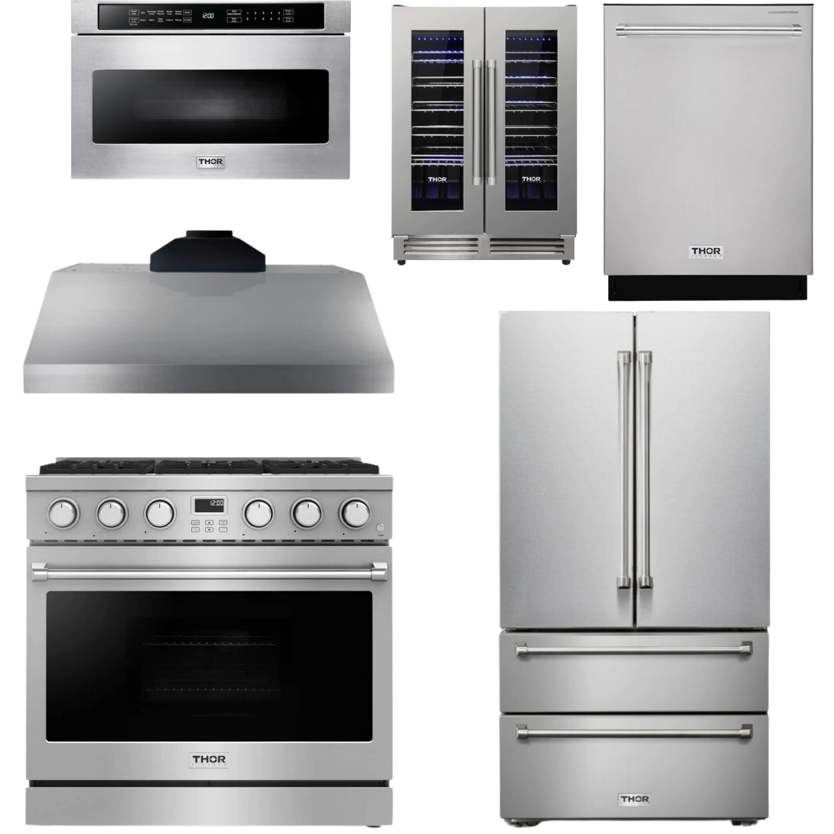 THOR Contemporary Package - 36" Gas Range, Range Hood, Refrigerator, Dishwasher, Microwave and Wine Cooler, AP-ARG36LP-B141