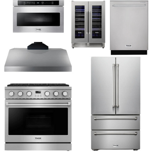 THOR Contemporary Package - 36" Gas Range, Range Hood, Refrigerator, Dishwasher, Microwave and Wine Cooler, AP-ARG36LP-B141