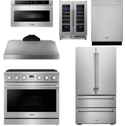THOR Contemporary Package - 36" Gas Range, Range Hood, Refrigerator, Dishwasher, Microwave and Wine Cooler, AP-ARG36LP-B141