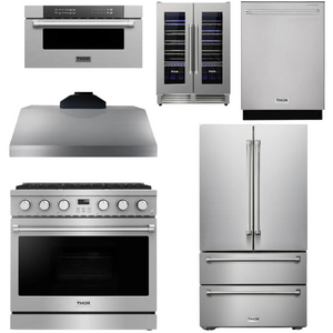 THOR Contemporary Package - 36" Gas Range, Range Hood, Refrigerator, Dishwasher, Microwave and Wine Cooler, AP-ARG36LP-B142