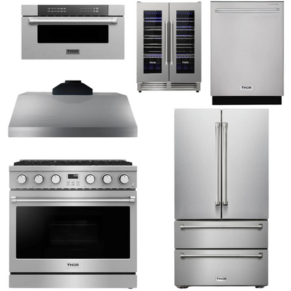 THOR Contemporary Package - 36" Gas Range, Range Hood, Refrigerator, Dishwasher, Microwave and Wine Cooler, AP-ARG36LP-B142