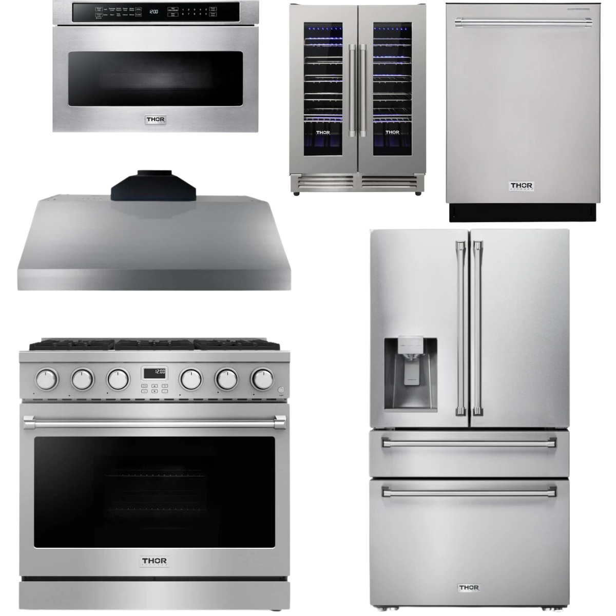 THOR Contemporary Package - 36" Gas Range, Range Hood, Refrigerator, Dishwasher, Microwave and Wine Cooler, AP-ARG36LP-B145