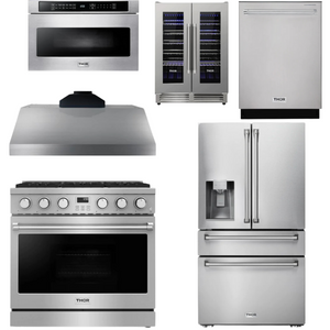 THOR Contemporary Package - 36" Gas Range, Range Hood, Refrigerator, Dishwasher, Microwave and Wine Cooler, AP-ARG36LP-B145