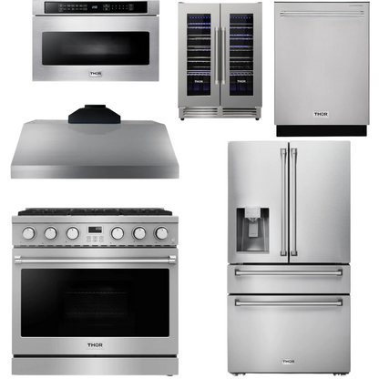 THOR Contemporary Package - 36" Gas Range, Range Hood, Refrigerator, Dishwasher, Microwave and Wine Cooler, AP-ARG36LP-B145