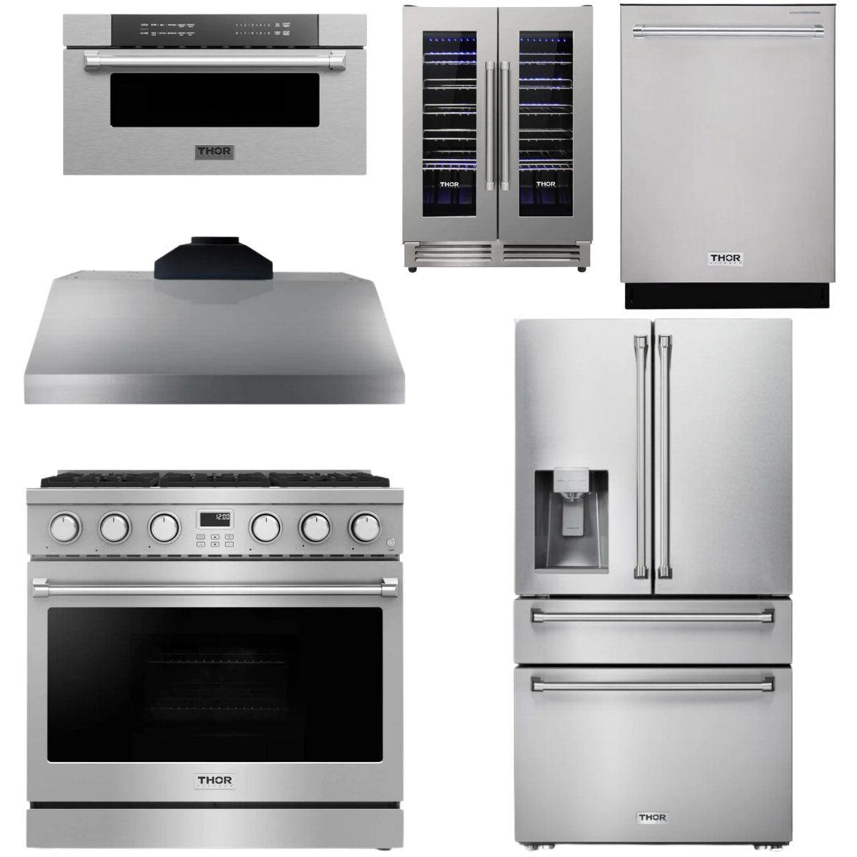 THOR Contemporary Package - 36" Gas Range, Range Hood, Refrigerator, Dishwasher, Microwave and Wine Cooler, AP-ARG36LP-B146