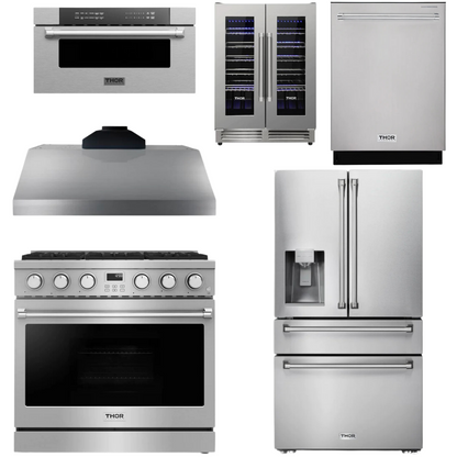 THOR Contemporary Package - 36" Gas Range, Range Hood, Refrigerator, Dishwasher, Microwave and Wine Cooler, AP-ARG36LP-B146