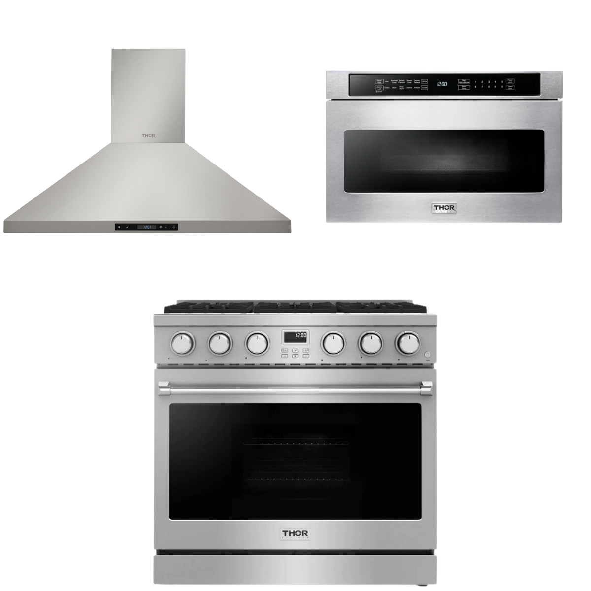 THOR Contemporary Package - 36" Gas Range, Range Hood and Microwave, AP-ARG36LP-B18