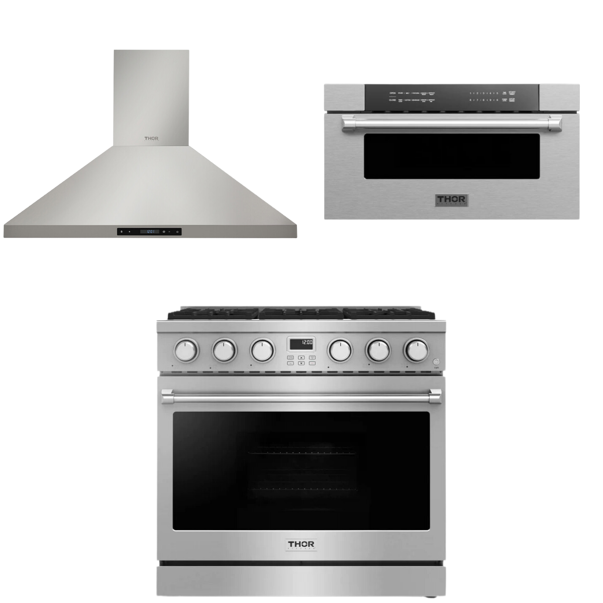 THOR Contemporary Package - 36" Gas Range, Range Hood and Microwave, AP-ARG36LP-B19