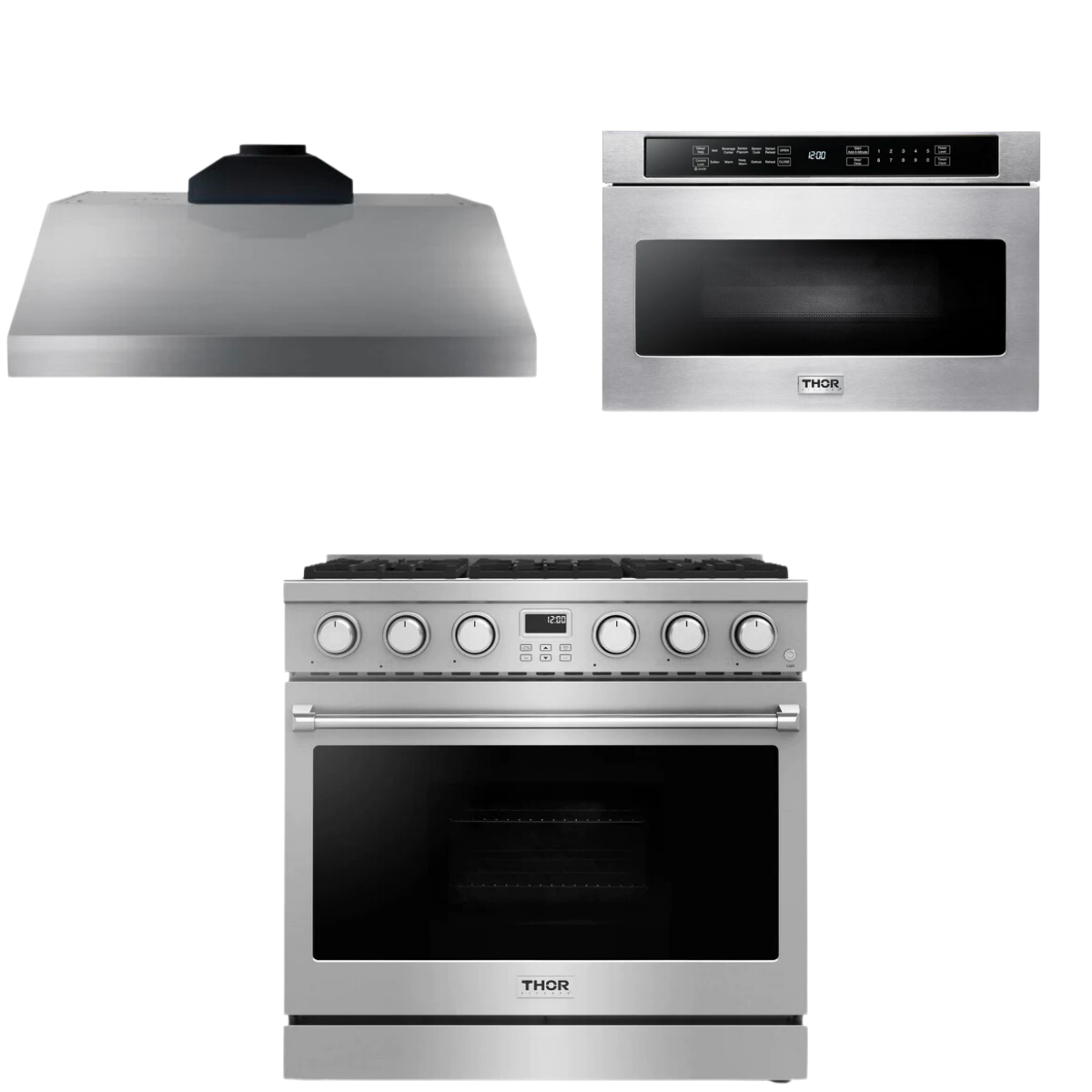 THOR Contemporary Package - 36" Gas Range, Range Hood and Microwave, AP-ARG36LP-B20