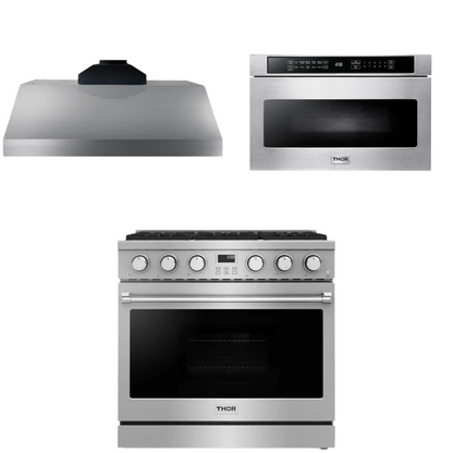 THOR Contemporary Package - 36" Gas Range, Range Hood and Microwave, AP-ARG36LP-B20