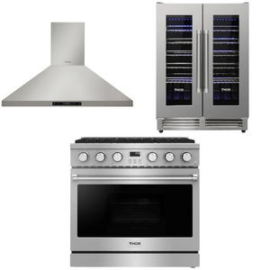 THOR Contemporary Package - 36" Gas Range, Range Hood and Wine Cooler, AP-ARG36LP-B22