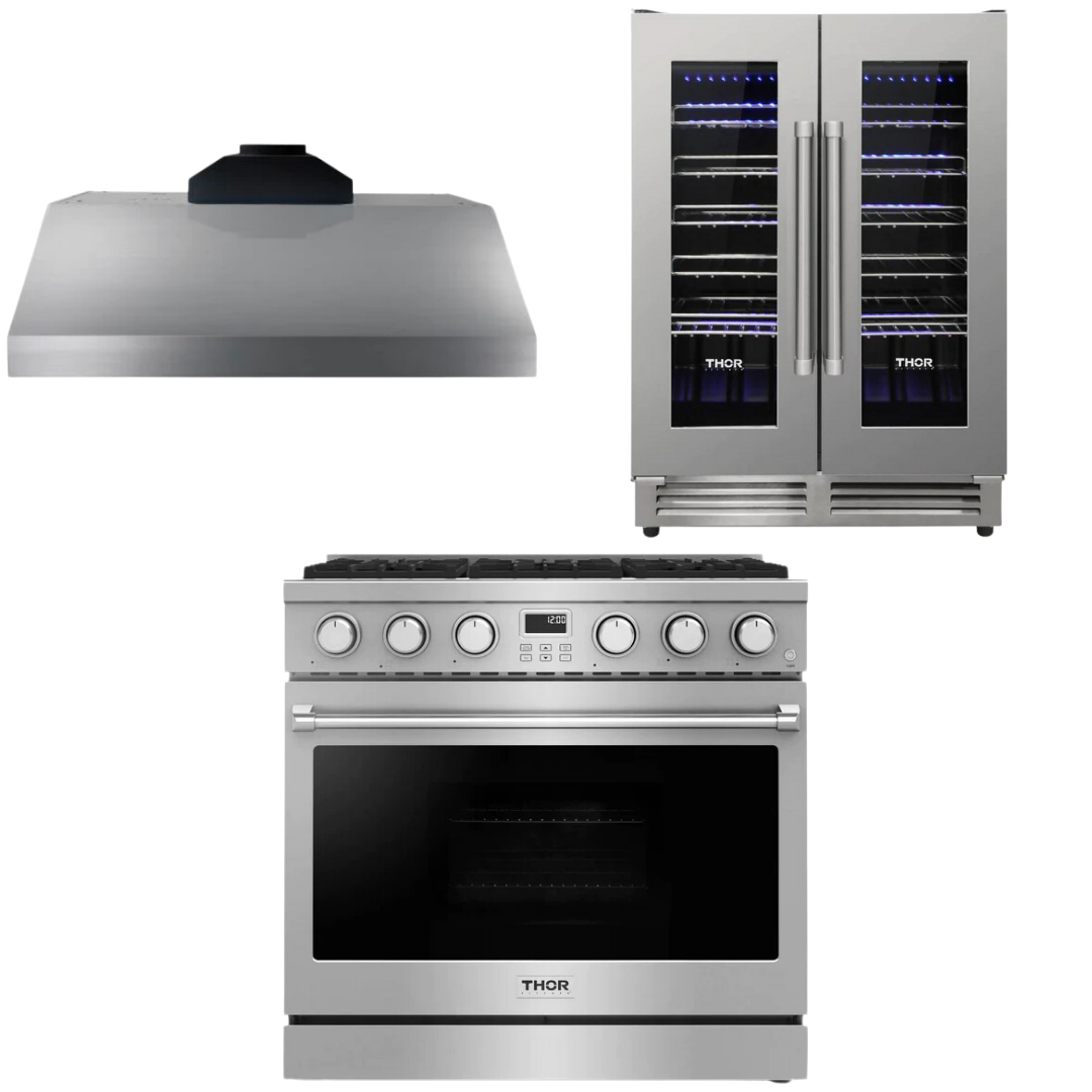 THOR Contemporary Package - 36" Gas Range, Range Hood and Wine Cooler, AP-ARG36LP-B23