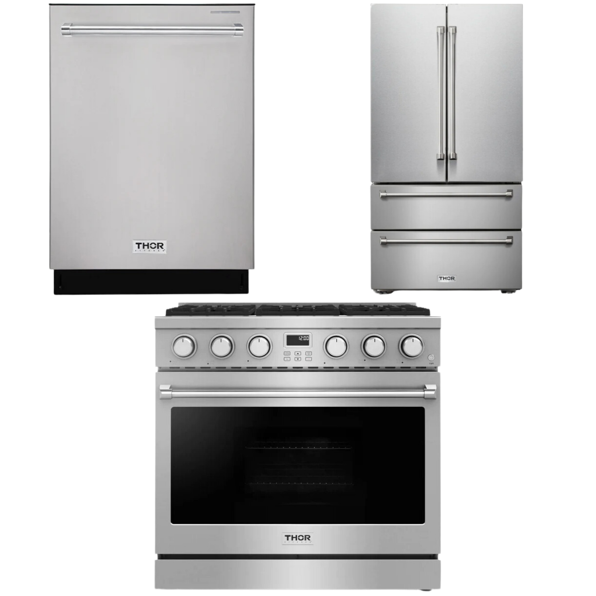 THOR Contemporary Package - 36" Gas Range, Refrigerator and Dishwasher, AP-ARG36LP-B25
