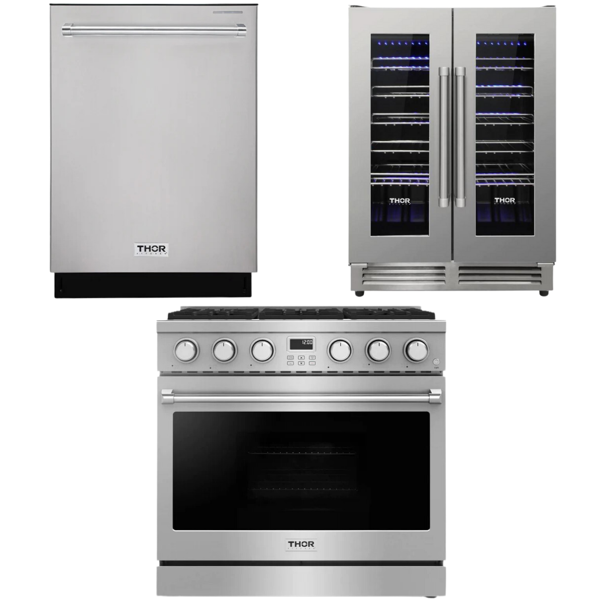 THOR Contemporary Package - 36" Gas Range, Dishwasher and Wine Cooler, AP-ARG36LP-B33