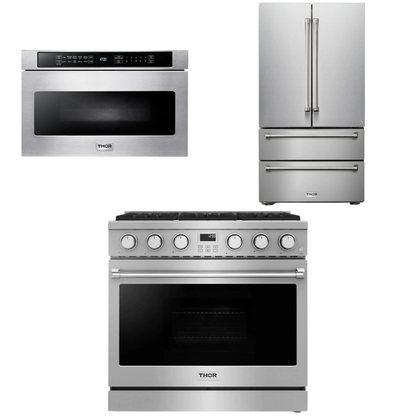 THOR Contemporary Package - 36" Gas Range, Refrigerator and Microwave, AP-ARG36LP-B34