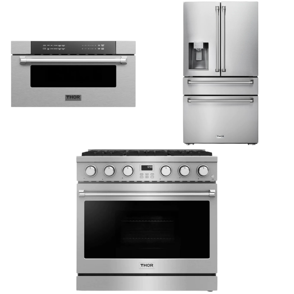 THOR Contemporary Package - 36" Gas Range, Refrigerator and Microwave, AP-ARG36LP-B37