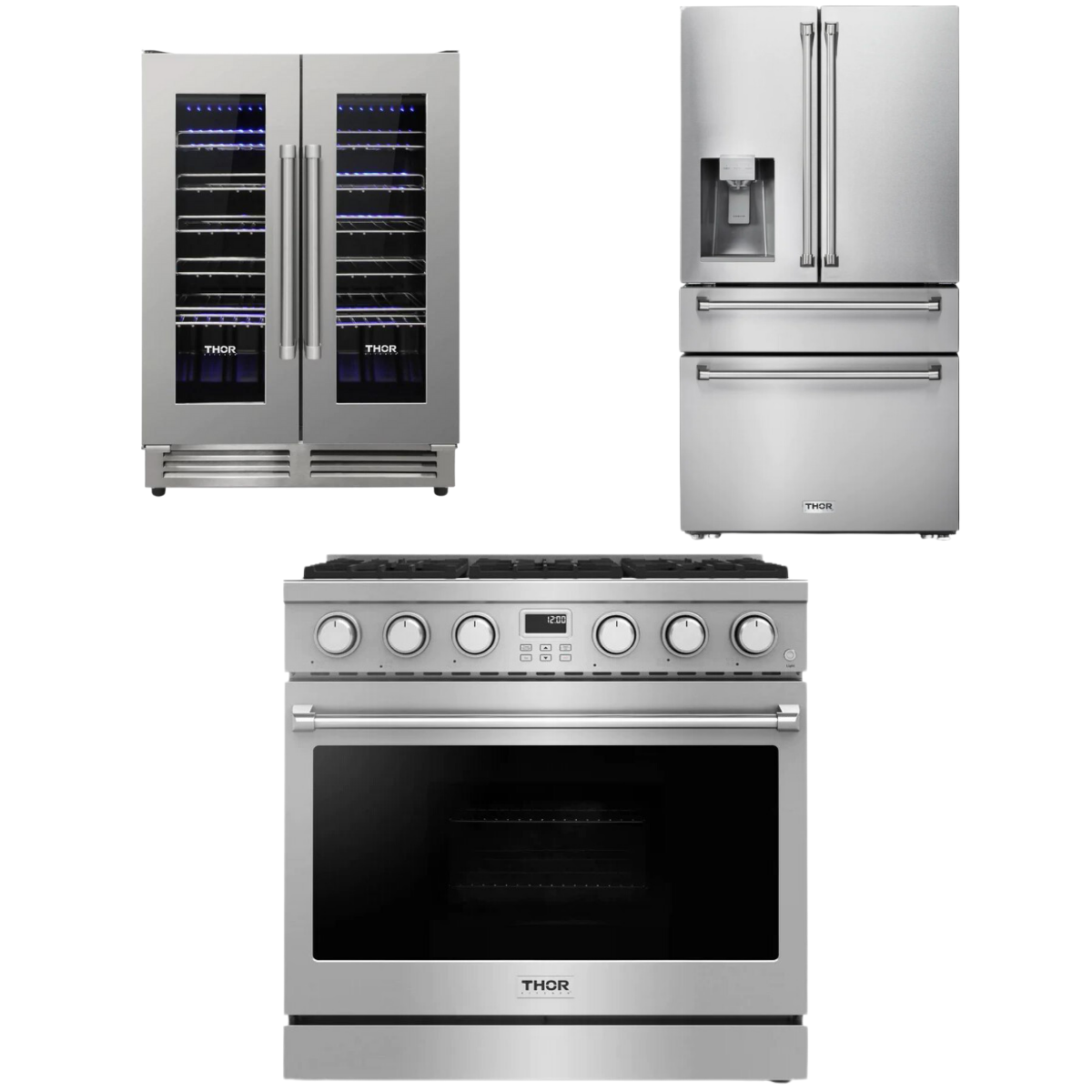 THOR Contemporary Package - 36" Gas Range, Refrigerator and Wine Cooler, AP-ARG36LP-B39