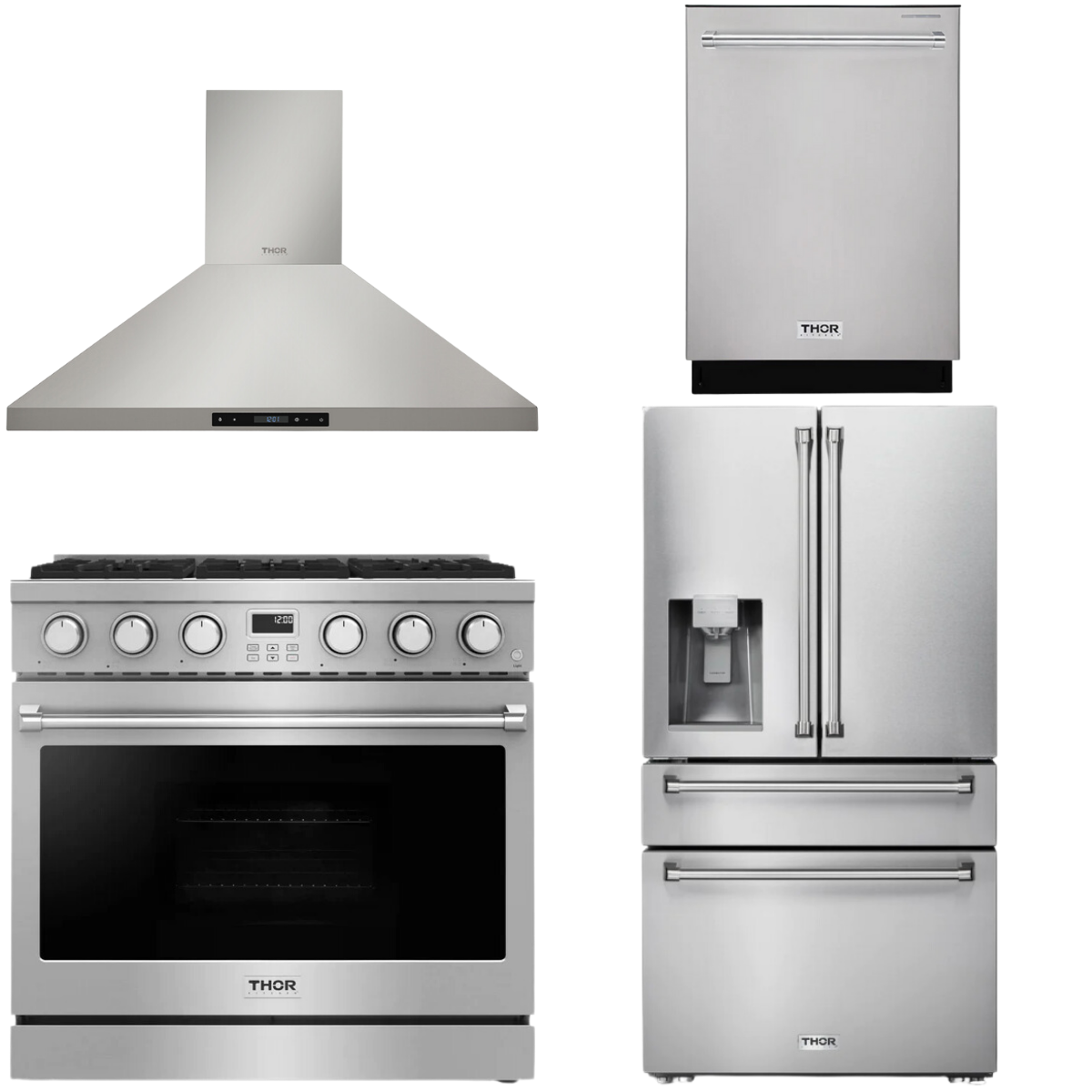 THOR Contemporary Package - 36" Gas Range, Range Hood, Refrigerator and Dishwasher, AP-ARG36LP-B43