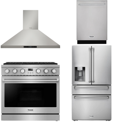 THOR Contemporary Package - 36" Gas Range, Range Hood, Refrigerator and Dishwasher, AP-ARG36LP-B43
