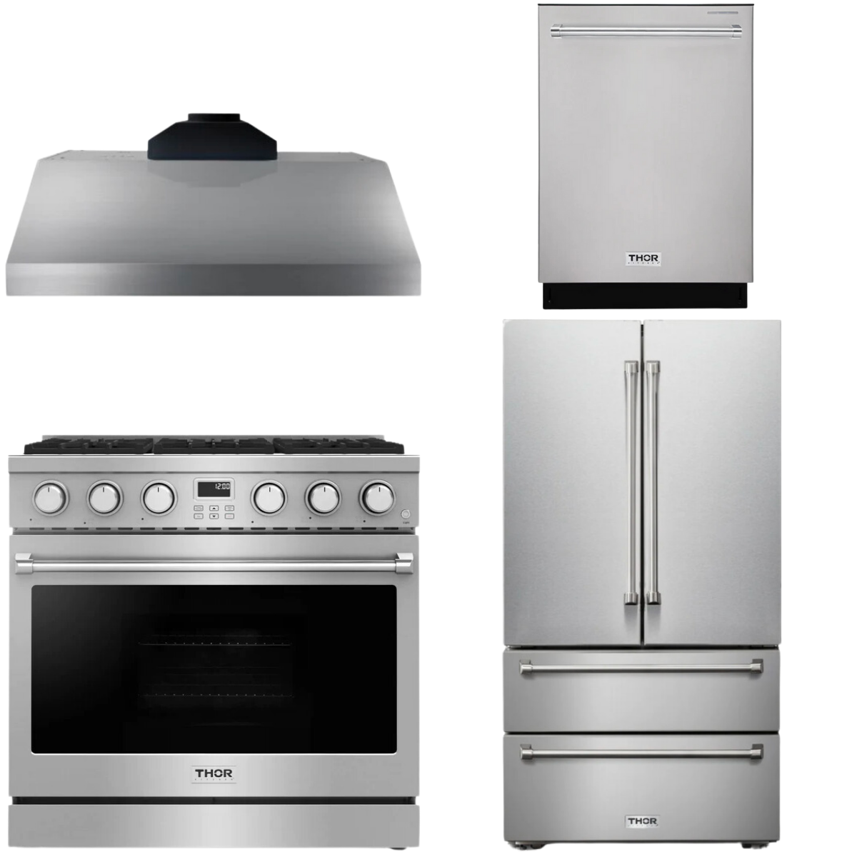 THOR Contemporary Package - 36" Gas Range, Range Hood, Refrigerator and Dishwasher, AP-ARG36LP-B45