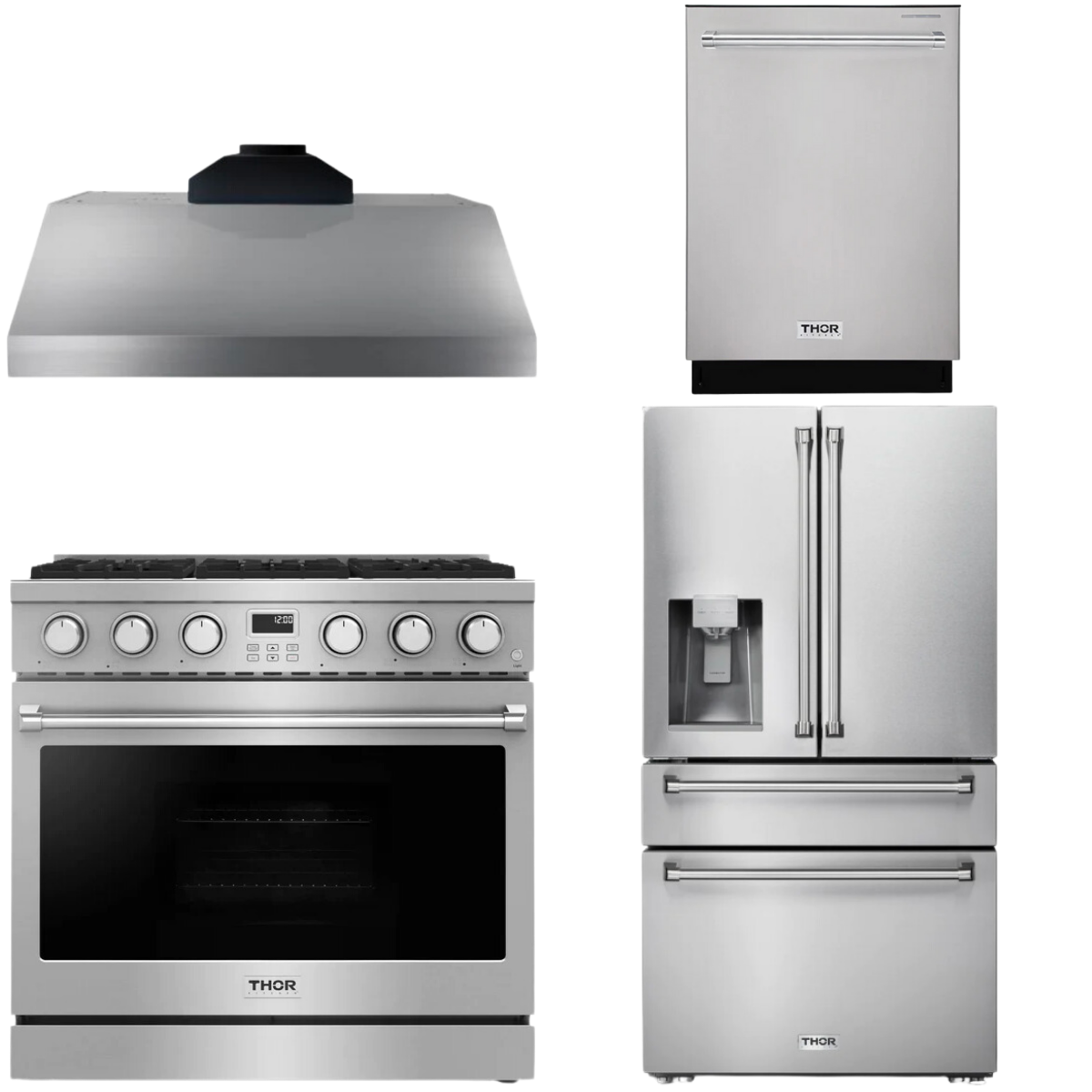 THOR Contemporary Package - 36" Gas Range, Range Hood, Refrigerator and Dishwasher, AP-ARG36LP-B47