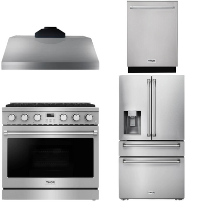 THOR Contemporary Package - 36" Gas Range, Range Hood, Refrigerator and Dishwasher, AP-ARG36LP-B47