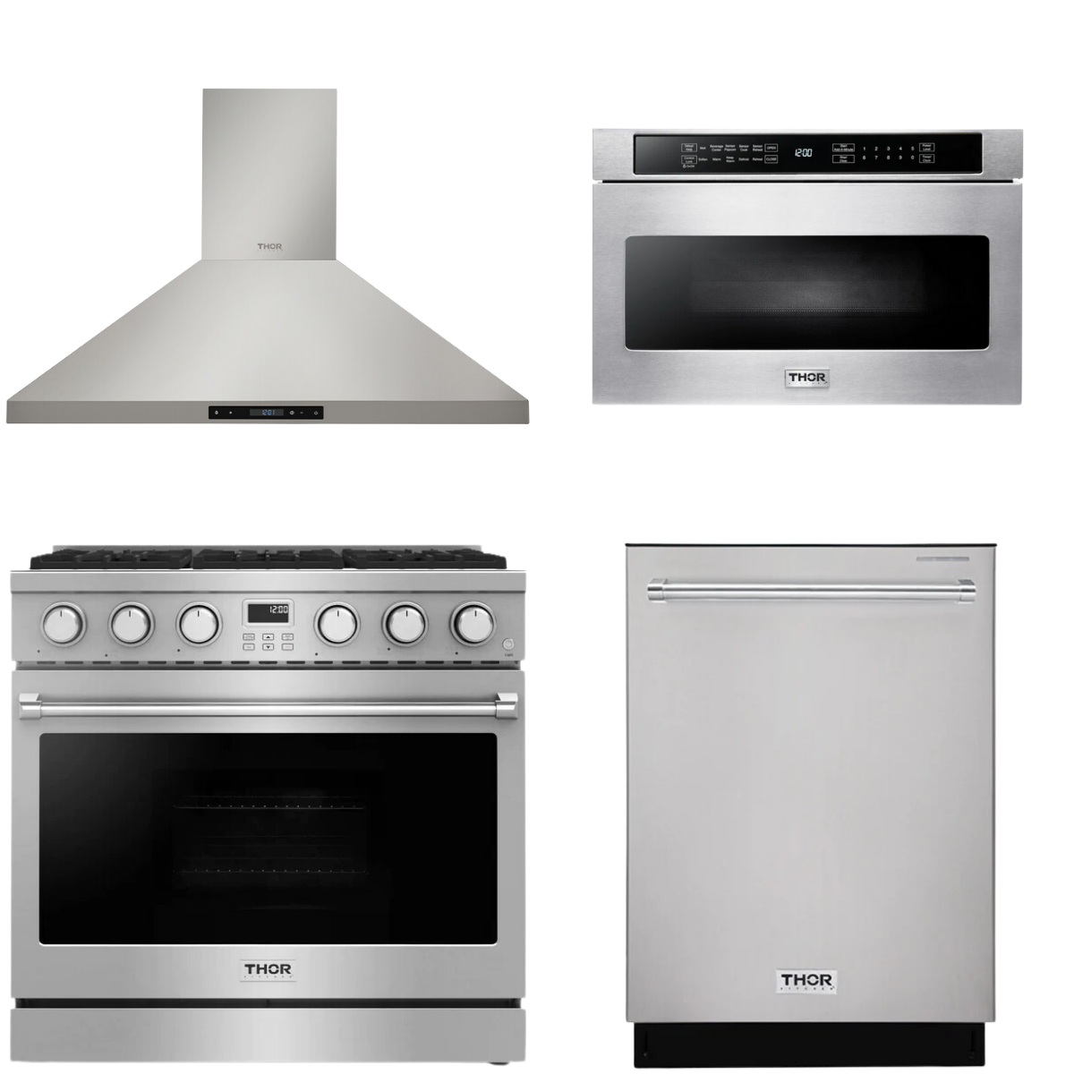 THOR Contemporary Package - 36" Gas Range, Range Hood, Dishwasher and Microwave, AP-ARG36LP-B50