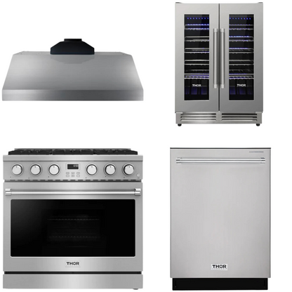 THOR Contemporary Package - 36" Gas Range, Range Hood, Dishwasher and Wine Cooler, AP-ARG36LP-B59