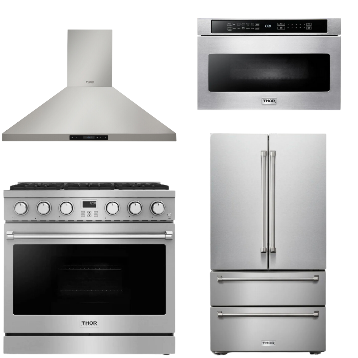 THOR Contemporary Package - 36" Gas Range, Range Hood, Refrigerator and Microwave, AP-ARG36LP-B60