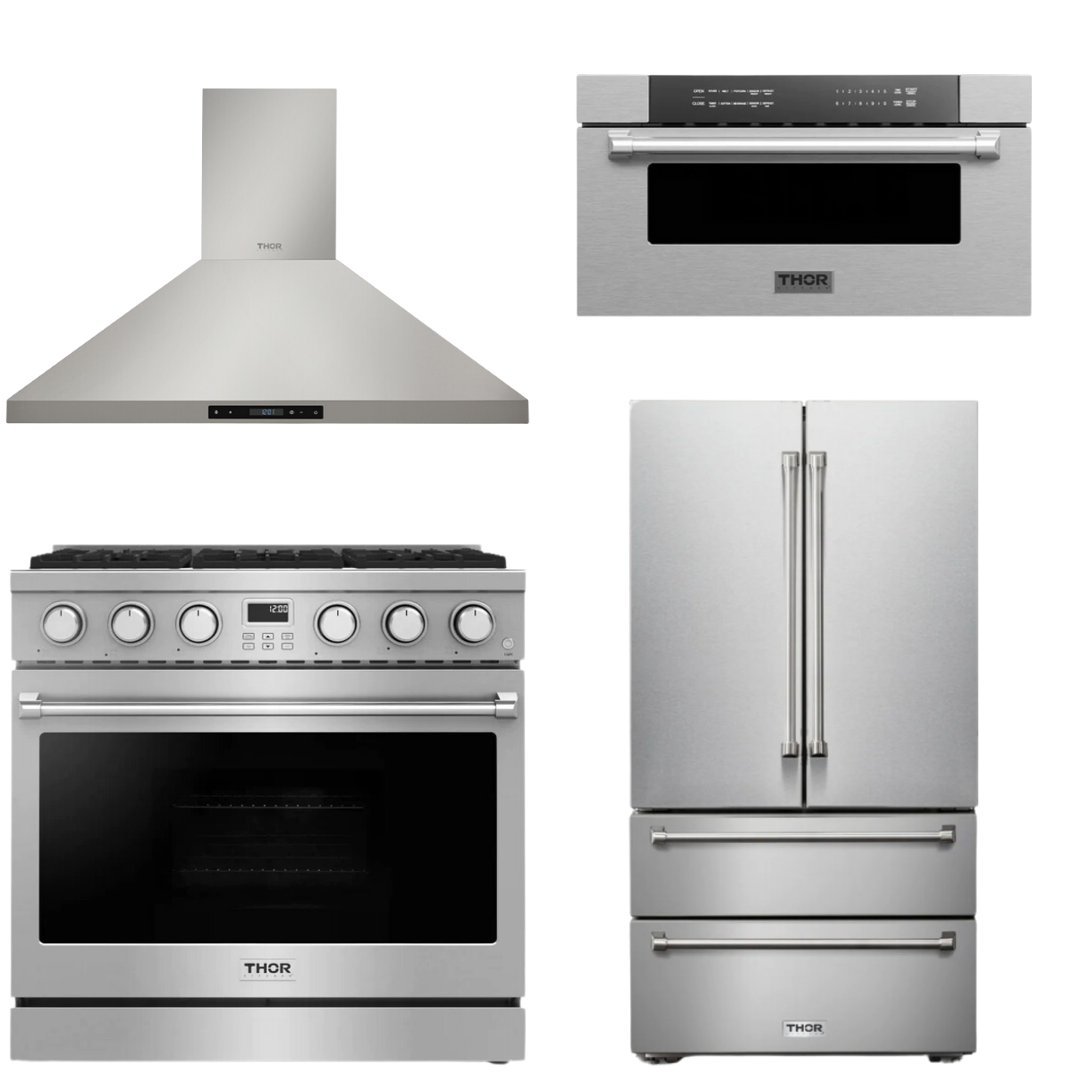THOR Contemporary Package - 36" Gas Range, Range Hood, Refrigerator and Microwave, AP-ARG36LP-B61