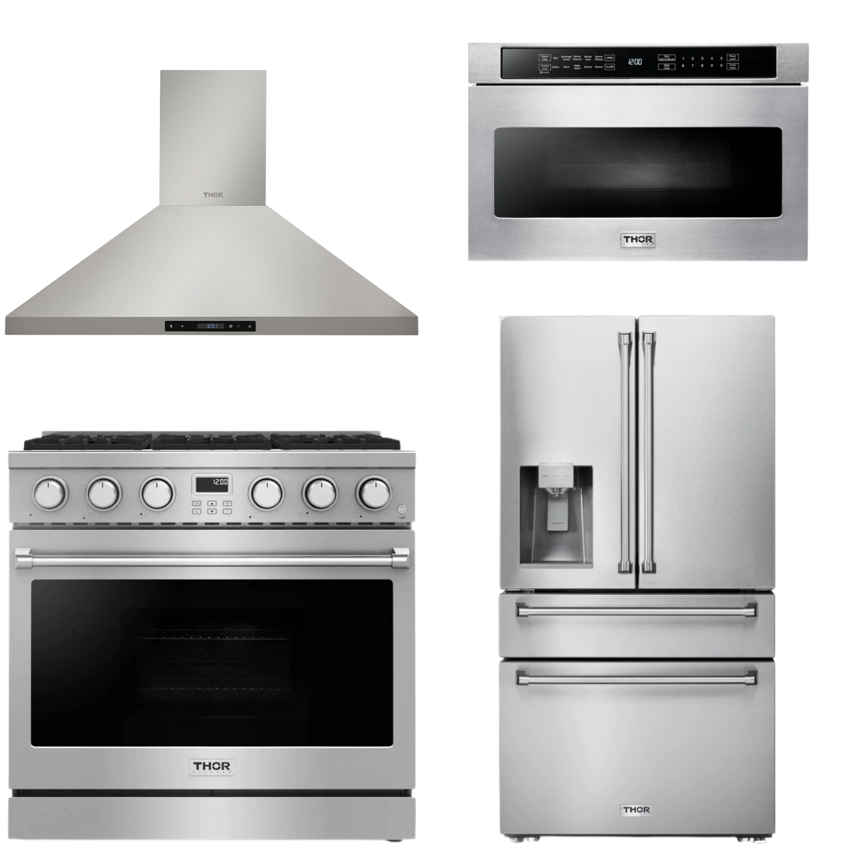 THOR Contemporary Package - 36" Gas Range, Range Hood, Refrigerator and Microwave, AP-ARG36LP-B62