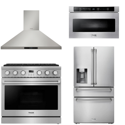 THOR Contemporary Package - 36" Gas Range, Range Hood, Refrigerator and Microwave, AP-ARG36LP-B62