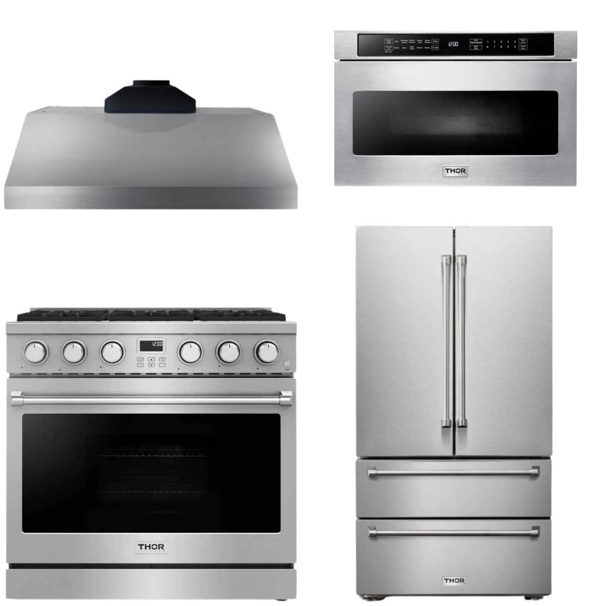 THOR Contemporary Package - 36" Gas Range, Range Hood, Refrigerator and Microwave, AP-ARG36LP-B64