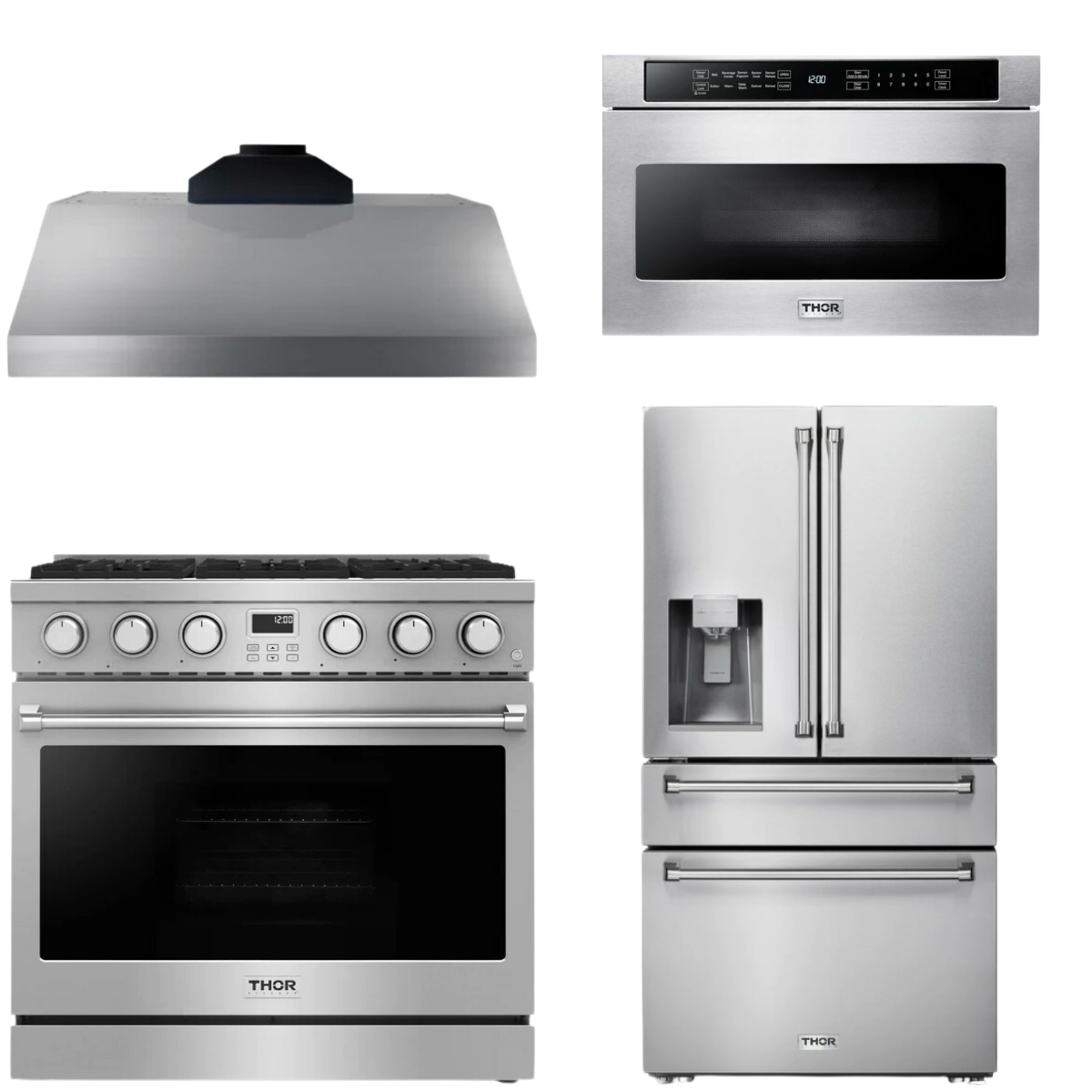 THOR Contemporary Package - 36" Gas Range, Range Hood, Refrigerator and Microwave, AP-ARG36LP-B66