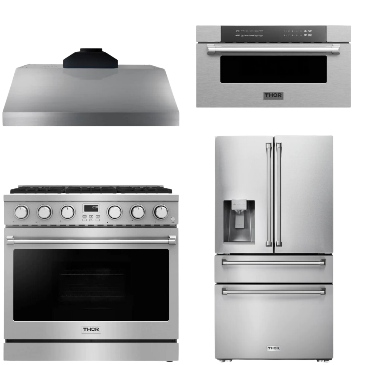 THOR Contemporary Package - 36" Gas Range, Range Hood, Refrigerator and Microwave, AP-ARG36LP-B67
