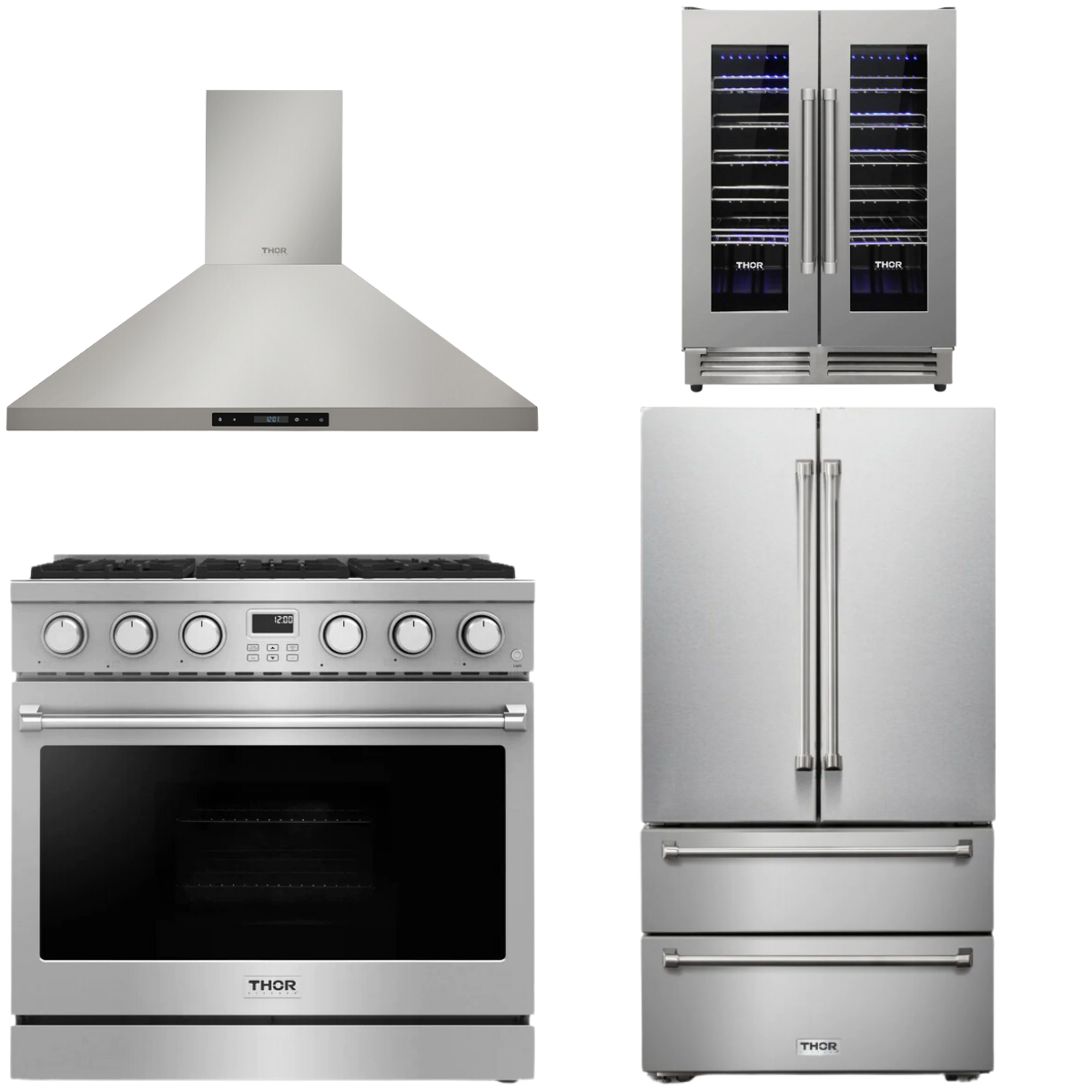 THOR Contemporary Package - 36" Gas Range, Range Hood, Refrigerator and Wine Cooler, AP-ARG36LP-B68