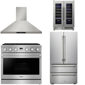 THOR Contemporary Package - 36" Gas Range, Range Hood, Refrigerator and Wine Cooler, AP-ARG36LP-B68