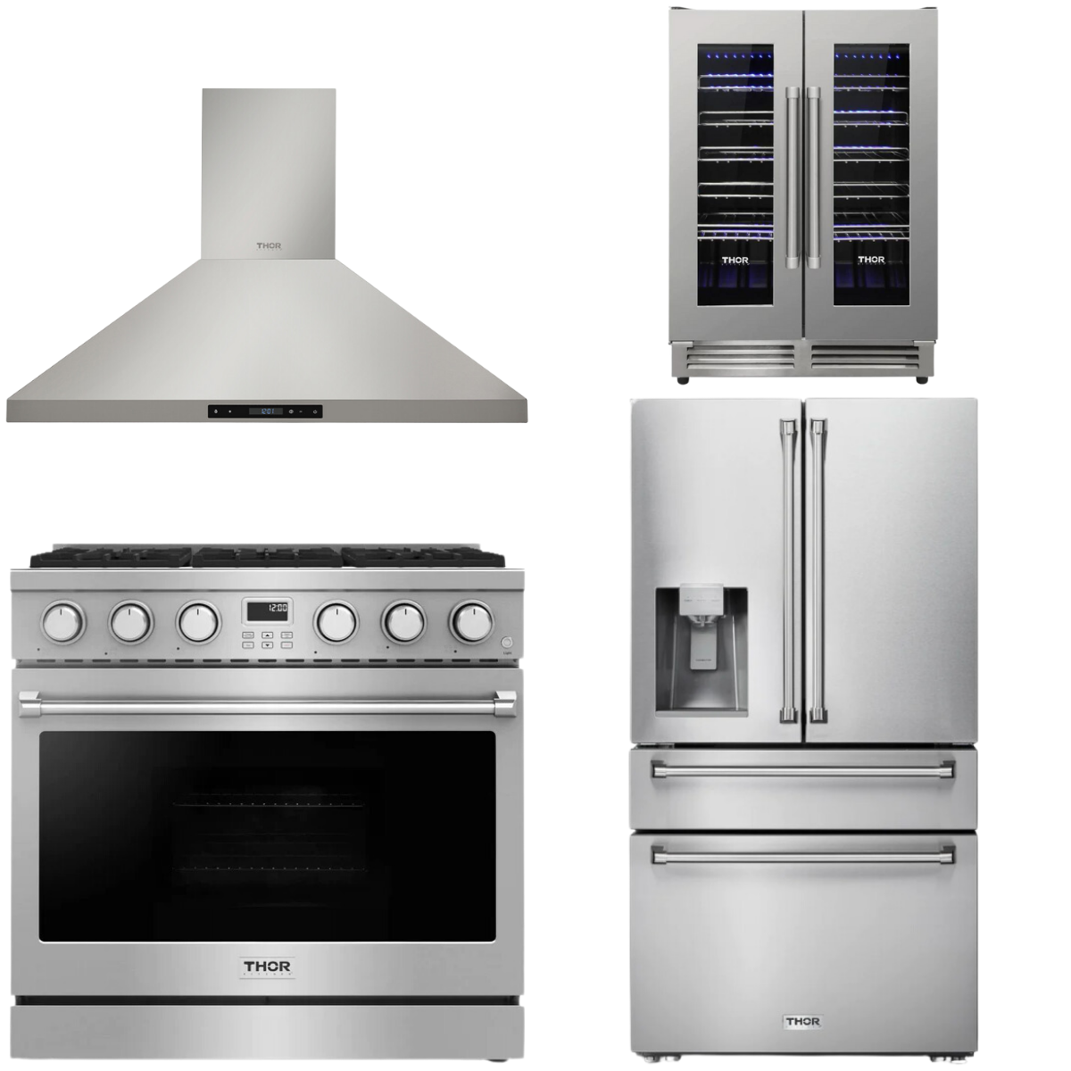 THOR Contemporary Package - 36" Gas Range, Range Hood, Refrigerator and Wine Cooler, AP-ARG36LP-B69