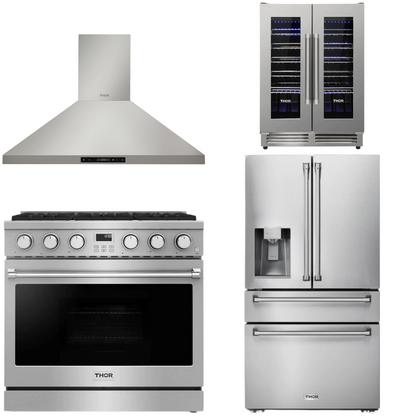 THOR Contemporary Package - 36" Gas Range, Range Hood, Refrigerator and Wine Cooler, AP-ARG36LP-B69