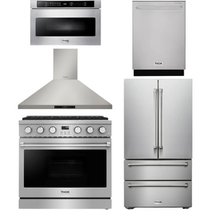 THOR Contemporary Package - 36" Gas Range, Range Hood, Refrigerator, Dishwasher and Microwave, AP-ARG36LP-B85