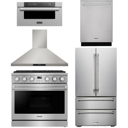 THOR Contemporary Package - 36" Gas Range, Range Hood, Refrigerator, Dishwasher and Microwave, AP-ARG36LP-B86