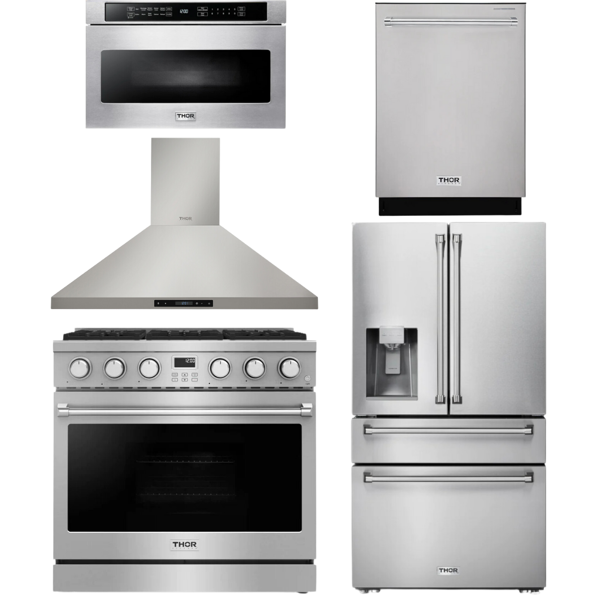 THOR Contemporary Package - 36" Gas Range, Range Hood, Refrigerator, Dishwasher and Microwave, AP-ARG36LP-B89