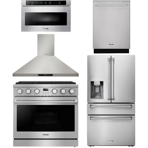 THOR Contemporary Package - 36" Gas Range, Range Hood, Refrigerator, Dishwasher and Microwave, AP-ARG36LP-B89