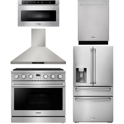 THOR Contemporary Package - 36" Gas Range, Range Hood, Refrigerator, Dishwasher and Microwave, AP-ARG36LP-B89