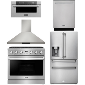 THOR Contemporary Package - 36" Gas Range, Range Hood, Refrigerator, Dishwasher and Microwave, AP-ARG36LP-B90