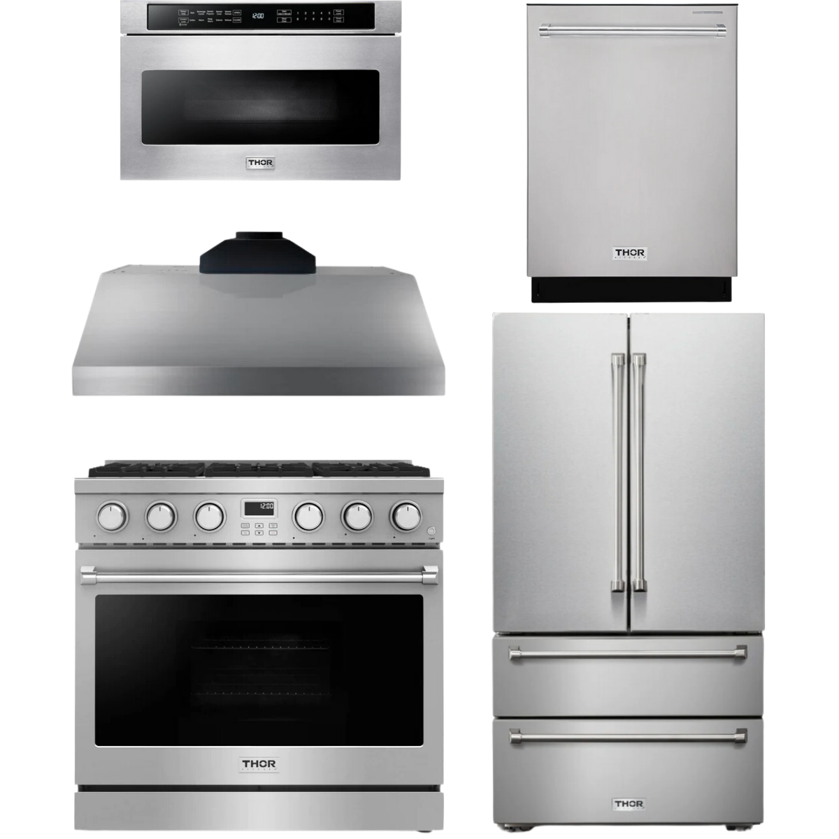 THOR Contemporary Package - 36" Gas Range, Range Hood, Refrigerator, Dishwasher and Microwave, AP-ARG36LP-B93