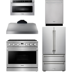 THOR Contemporary Package - 36" Gas Range, Range Hood, Refrigerator, Dishwasher and Microwave, AP-ARG36LP-B93