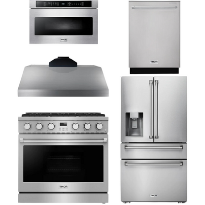 THOR Contemporary Package - 36" Gas Range, Range Hood, Refrigerator, Dishwasher and Microwave, AP-ARG36LP-B97