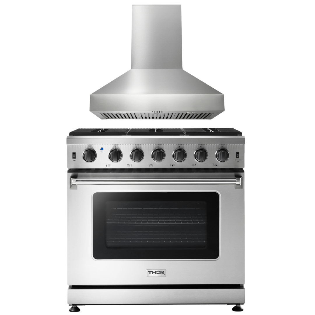 THOR Kitchen Package 36 Inch Gas Range, Range Hood, AP-LRG3601U-W