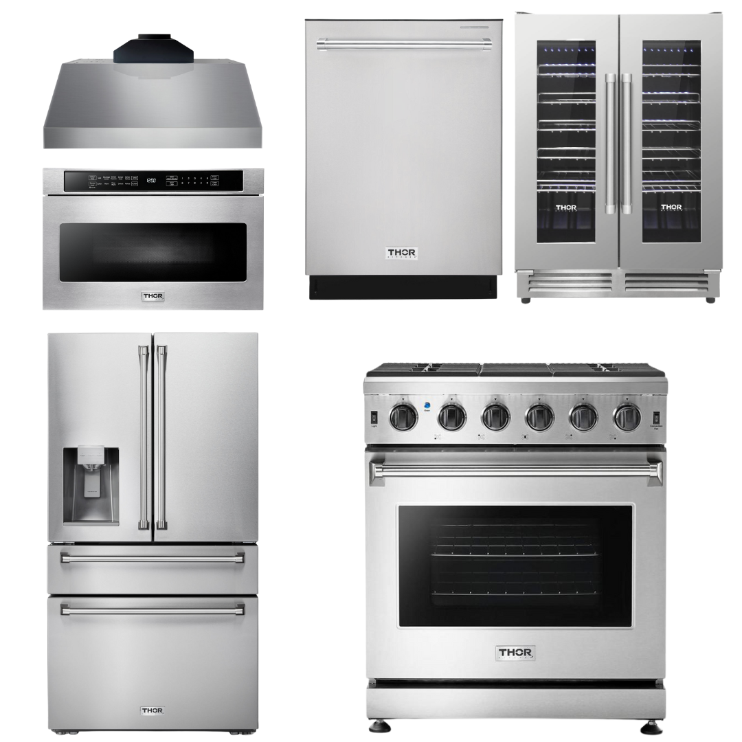 THOR Kitchen Package - 30" Gas Range, Range Hood, Microwave, Refrigerator with Water and Ice Dispenser, Dishwasher, Wine Cooler, AP-LRG3001U-C-10